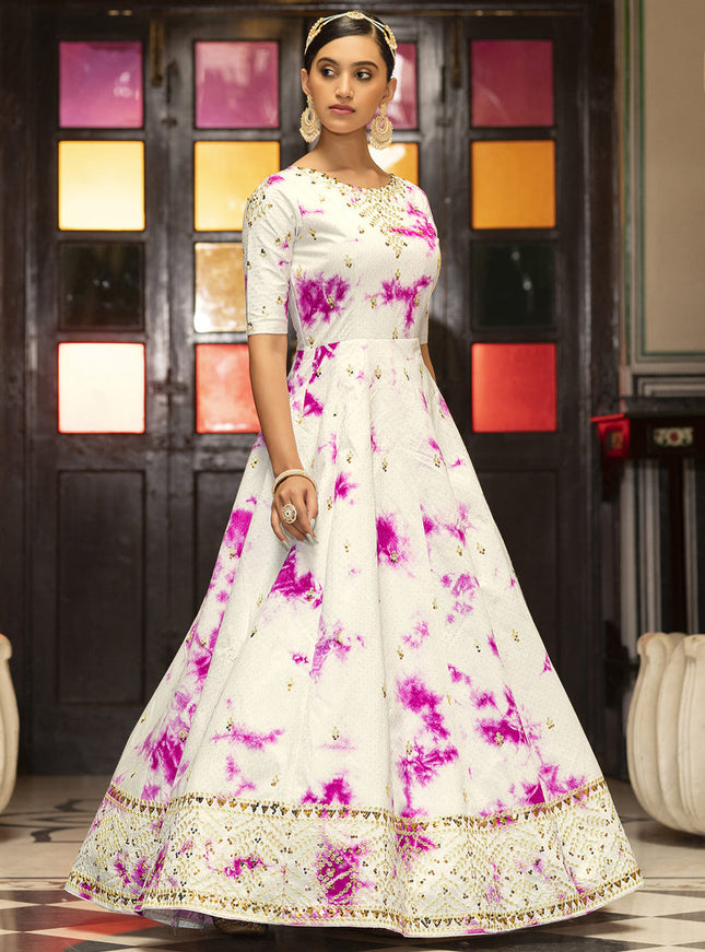 Charming Pearl White Cotton Embroidered Gown