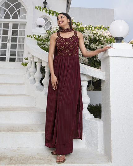 Delicate Maroon Georgette Embroidered Readymade Palazzo Kameez