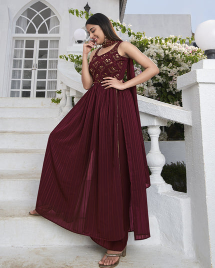 Delicate Maroon Georgette Embroidered Readymade Palazzo Kameez