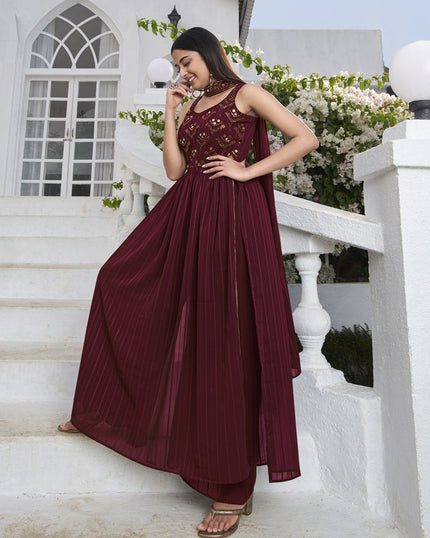 Delicate Maroon Georgette Embroidered Readymade Palazzo Kameez