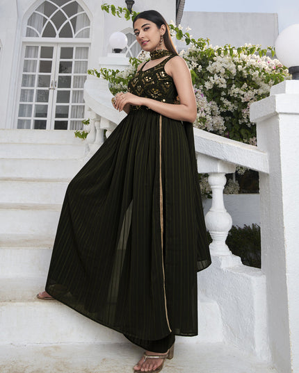 Attractive Olive Green Georgette Embroidered Readymade Palazzo Kameez