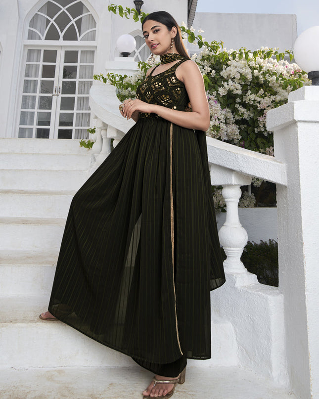 Attractive Olive Green Georgette Embroidered Readymade Palazzo Kameez
