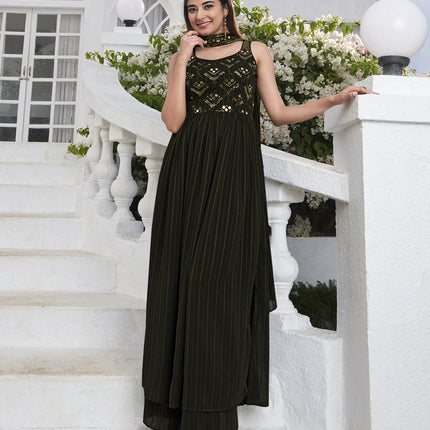 Attractive Olive Green Georgette Embroidered Readymade Palazzo Kameez
