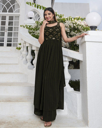 Attractive Olive Green Georgette Embroidered Readymade Palazzo Kameez