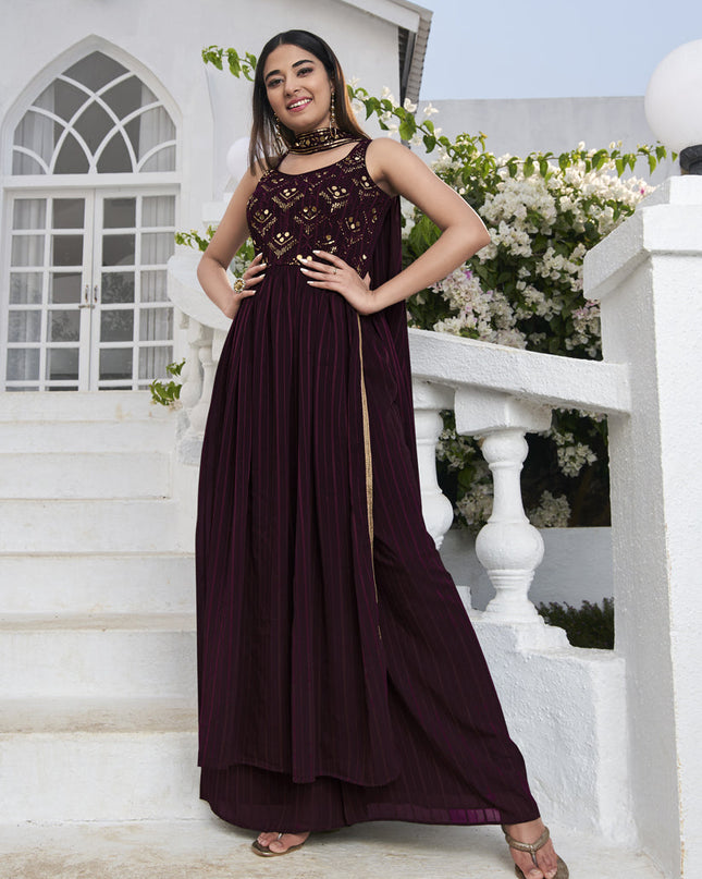 Immaculate Violet Georgette Embroidered Readymade Palazzo Kameez