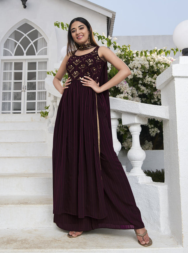 Immaculate Violet Georgette Embroidered Readymade Palazzo Kameez