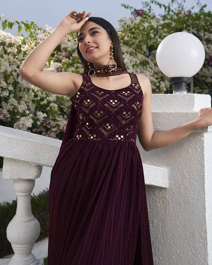 Immaculate Violet Georgette Embroidered Readymade Palazzo Kameez