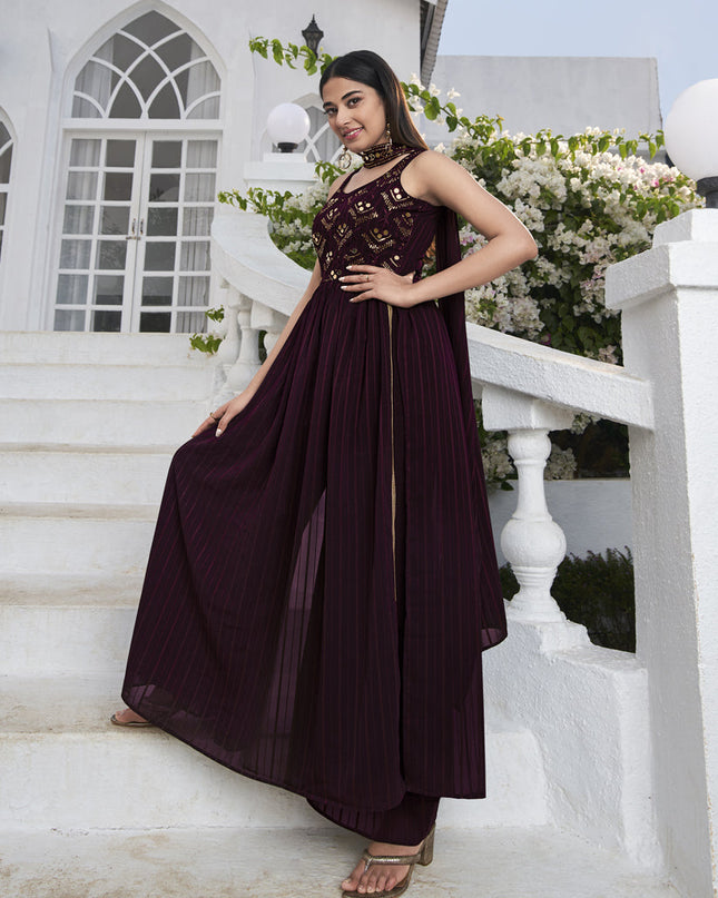 Immaculate Violet Georgette Embroidered Readymade Palazzo Kameez