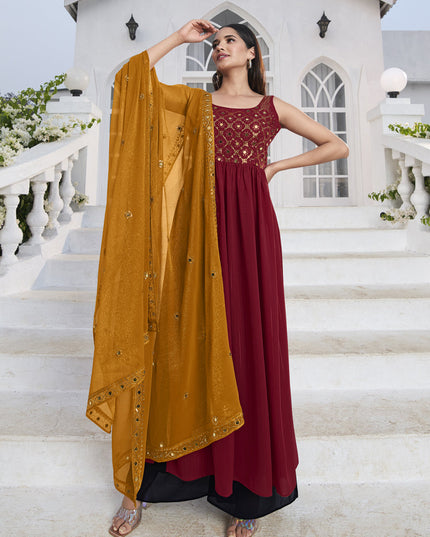 Dashing Red Georgette Embroidered Readymade Palazzo Kameez