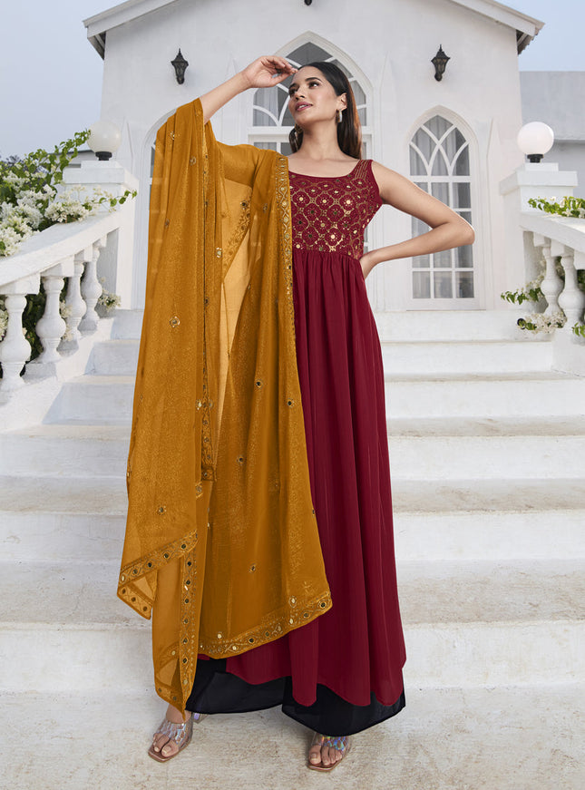 Dashing Red Georgette Embroidered Readymade Palazzo Kameez