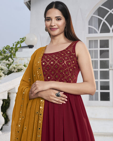 Dashing Red Georgette Embroidered Readymade Palazzo Kameez