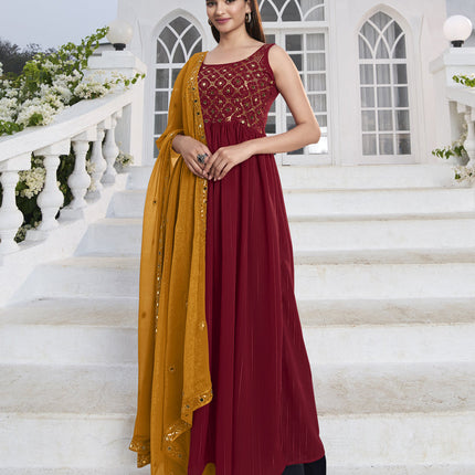 Dashing Red Georgette Embroidered Readymade Palazzo Kameez