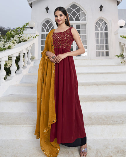 Dashing Red Georgette Embroidered Readymade Palazzo Kameez