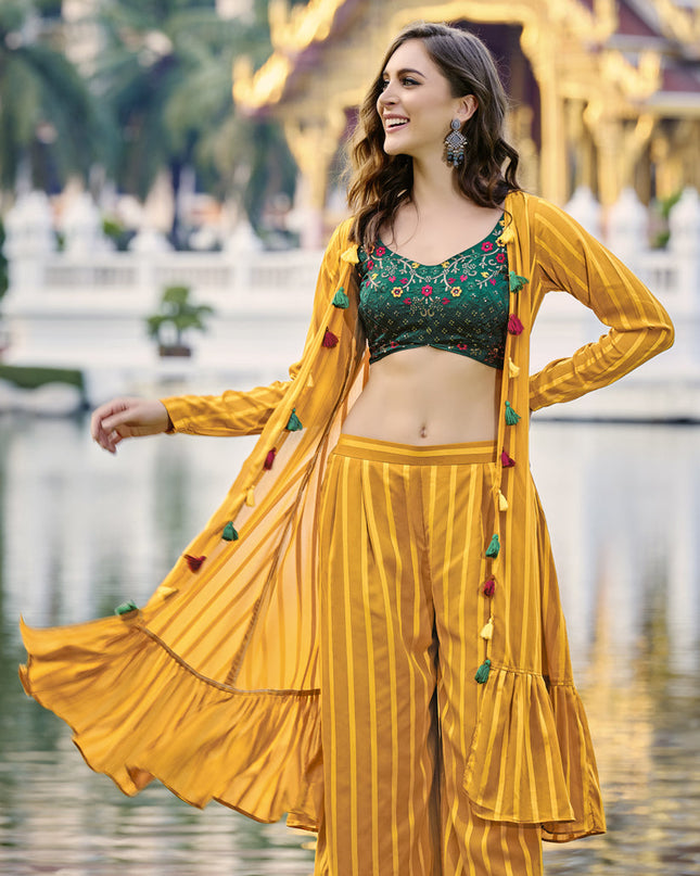 Bewitching Mustard Yellow Chinnon Designer Indowestern