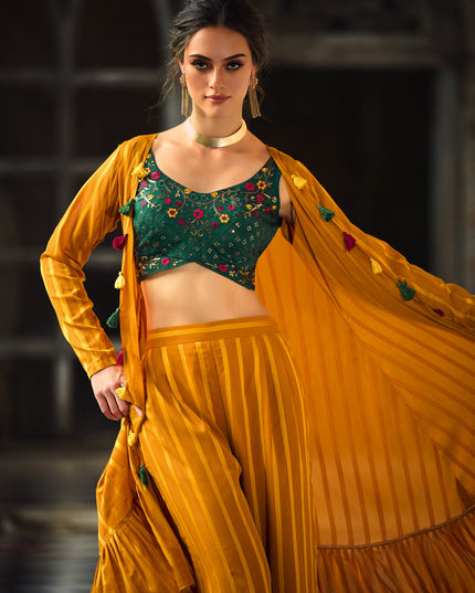 Bewitching Mustard Yellow Chinnon Designer Indowestern
