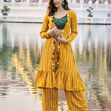 Bewitching Mustard Yellow Chinnon Designer Indowestern