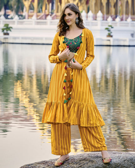 Bewitching Mustard Yellow Chinnon Designer Indowestern