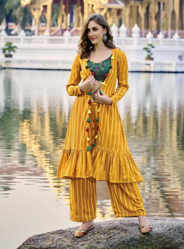 Bewitching Mustard Yellow Chinnon Designer Indowestern