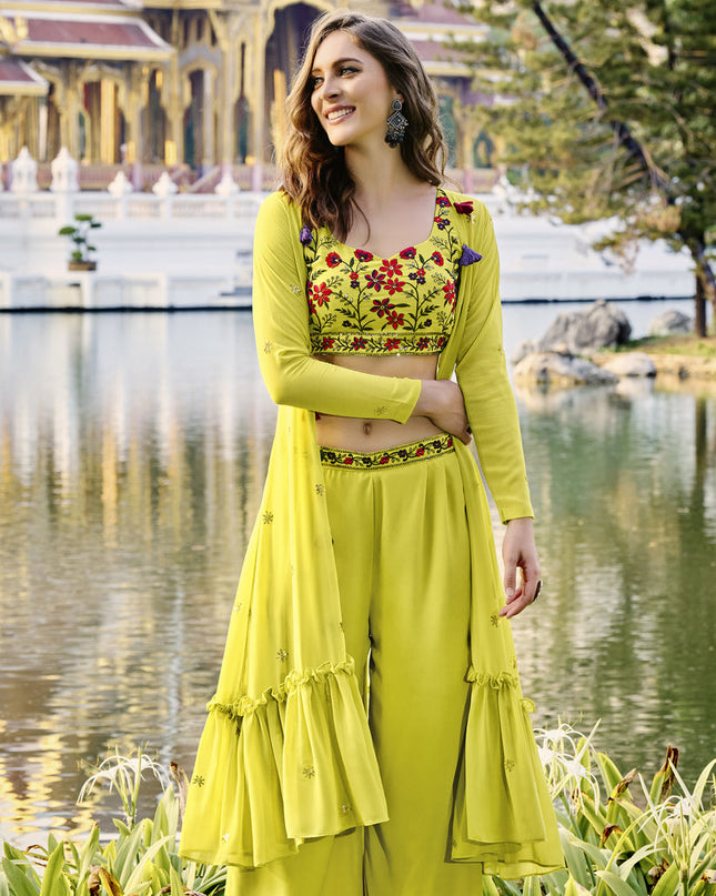 Alluring Lime Yellow Georgette Designer Indowestern