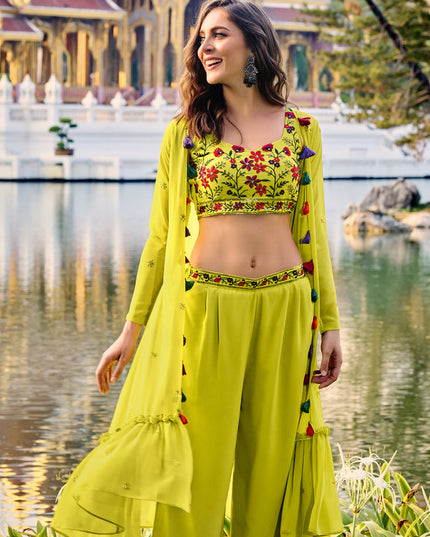 Alluring Lime Yellow Georgette Designer Indowestern