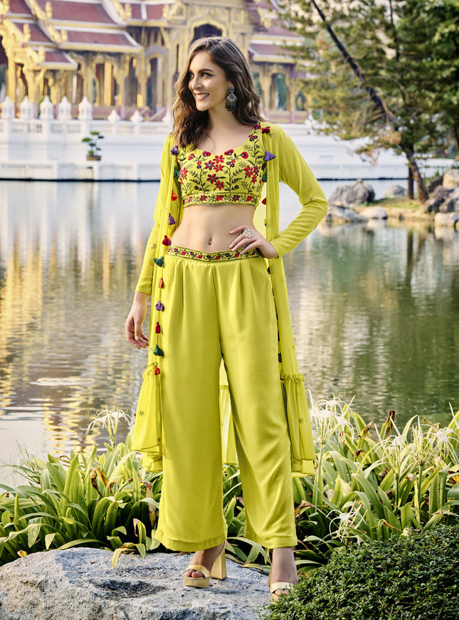Alluring Lime Yellow Georgette Designer Indowestern
