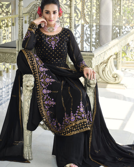 Midnight Blue Georgette Embroidered Readymade Palazzo Kameez