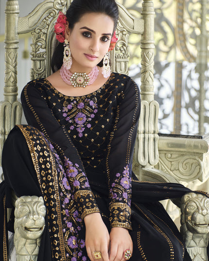 Midnight Blue Georgette Embroidered Readymade Palazzo Kameez