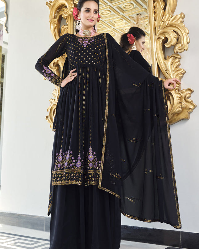 Midnight Blue Georgette Embroidered Readymade Palazzo Kameez