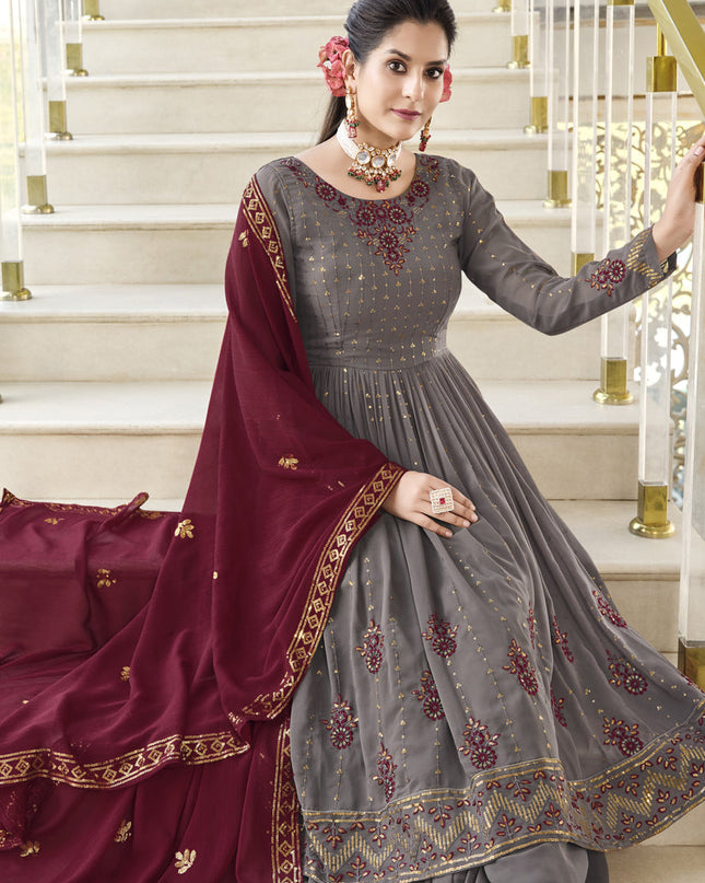 Dusty Grey Georgette Embroidered Readymade Palazzo Kameez