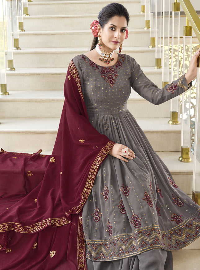 Dusty Grey Georgette Embroidered Readymade Palazzo Kameez