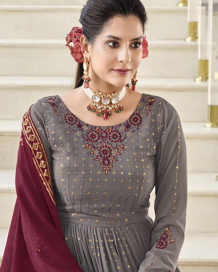 Dusty Grey Georgette Embroidered Readymade Palazzo Kameez