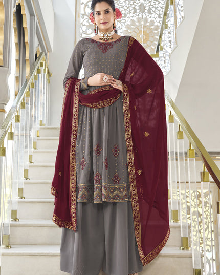 Dusty Grey Georgette Embroidered Readymade Palazzo Kameez