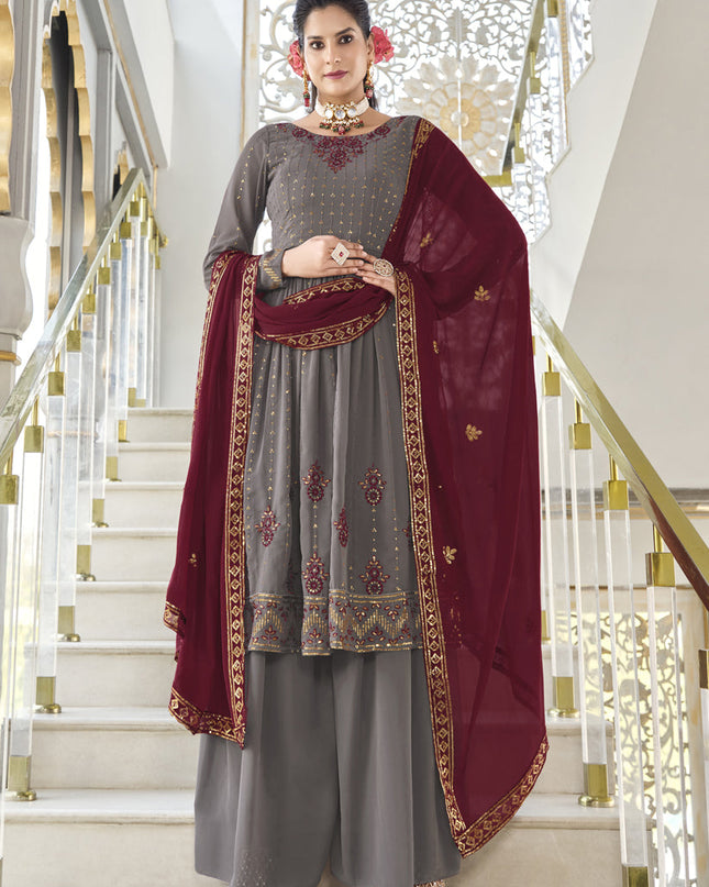Dusty Grey Georgette Embroidered Readymade Palazzo Kameez