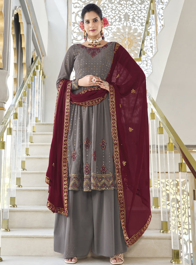Dusty Grey Georgette Embroidered Readymade Palazzo Kameez