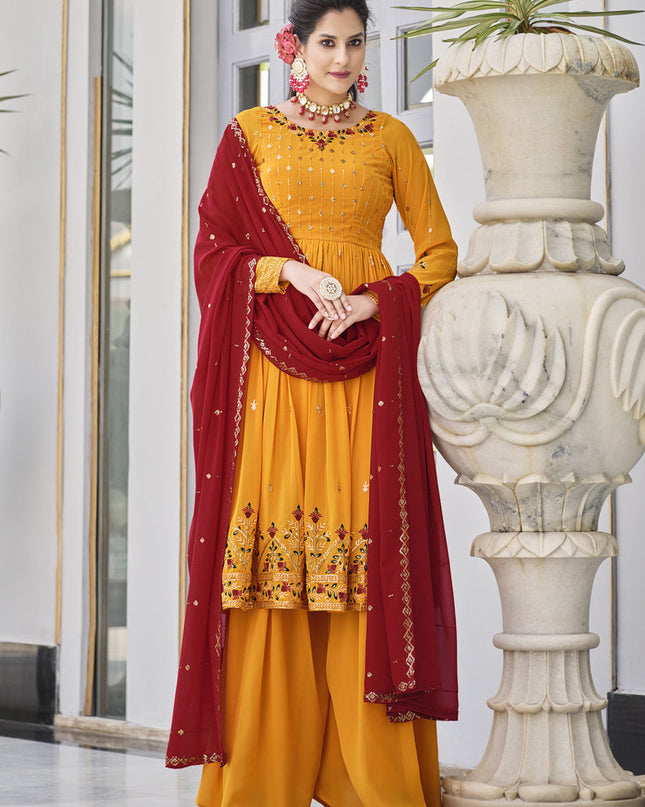 Golden Yellow Georgette Embroidered Readymade Palazzo Kameez