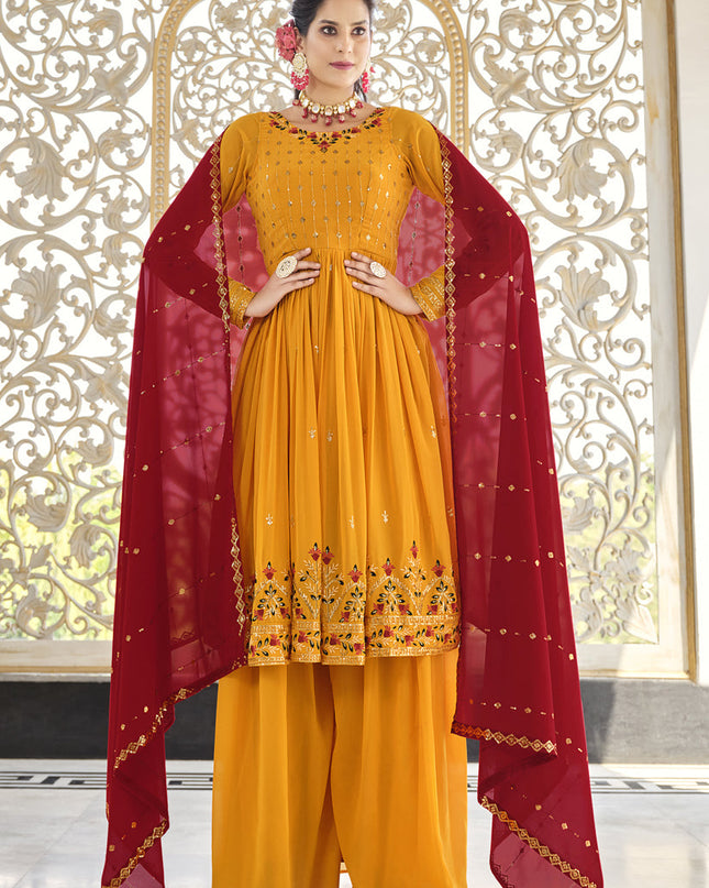 Golden Yellow Georgette Embroidered Readymade Palazzo Kameez