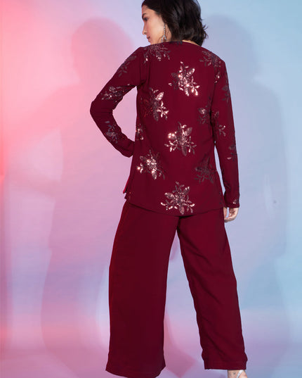 Red Georgette Sequence With Thread Crepe Co-Ord Set