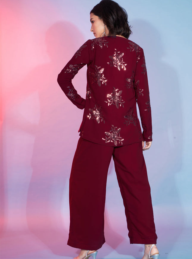 Red Georgette Sequence With Thread Crepe Co-Ord Set