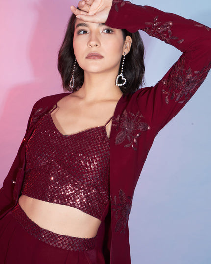 Red Georgette Sequence With Thread Crepe Co-Ord Set