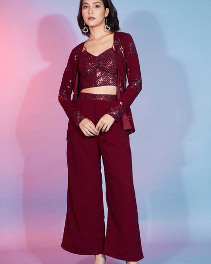 Red Georgette Sequence With Thread Crepe Co-Ord Set