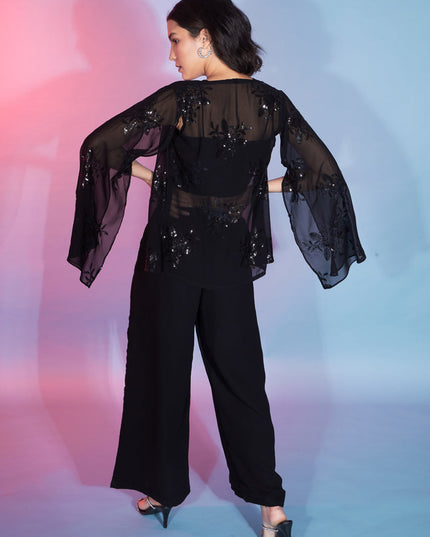 Black Georgette Sequence With Thread Crepe Co-Ord Set