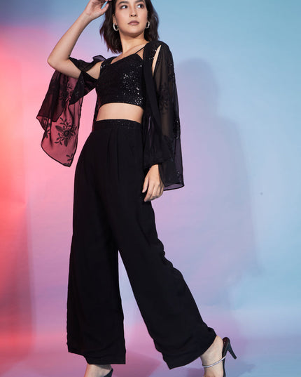 Black Georgette Sequence With Thread Crepe Co-Ord Set