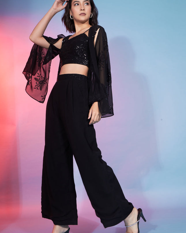 Black Georgette Sequence With Thread Crepe Co-Ord Set