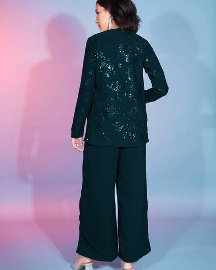 Green Georgette Sequence With Thread Crepe Co-Ord Set