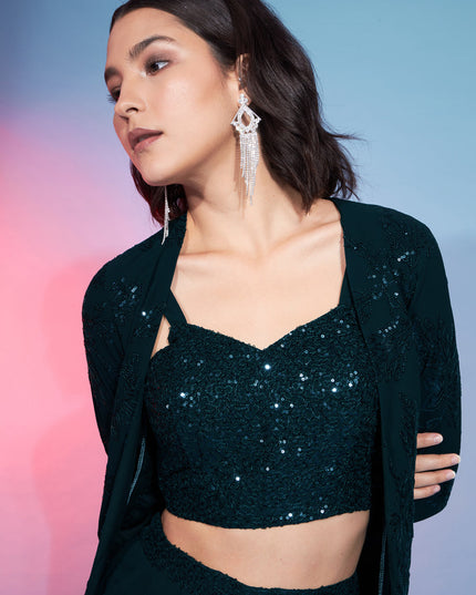 Green Georgette Sequence With Thread Crepe Co-Ord Set