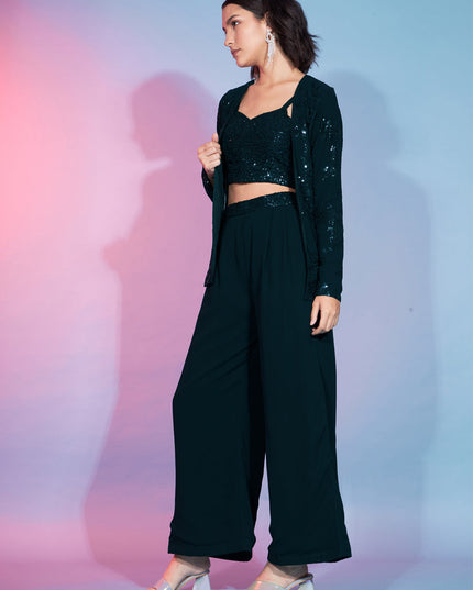 Green Georgette Sequence With Thread Crepe Co-Ord Set