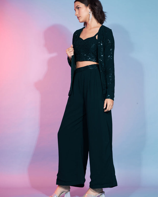 Green Georgette Sequence With Thread Crepe Co-Ord Set