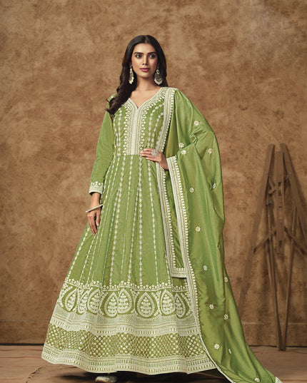 pistachio green dola silk embroidered gown with dupatta