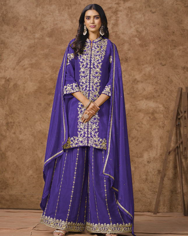 violet chinnon silk embroidered palazzo kameez