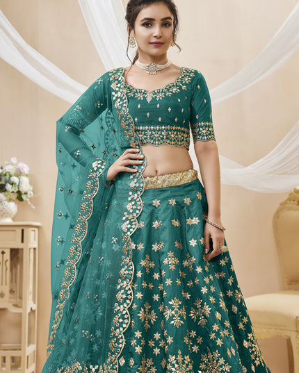 Teal Green Art Silk Embroidered Lehenga Choli